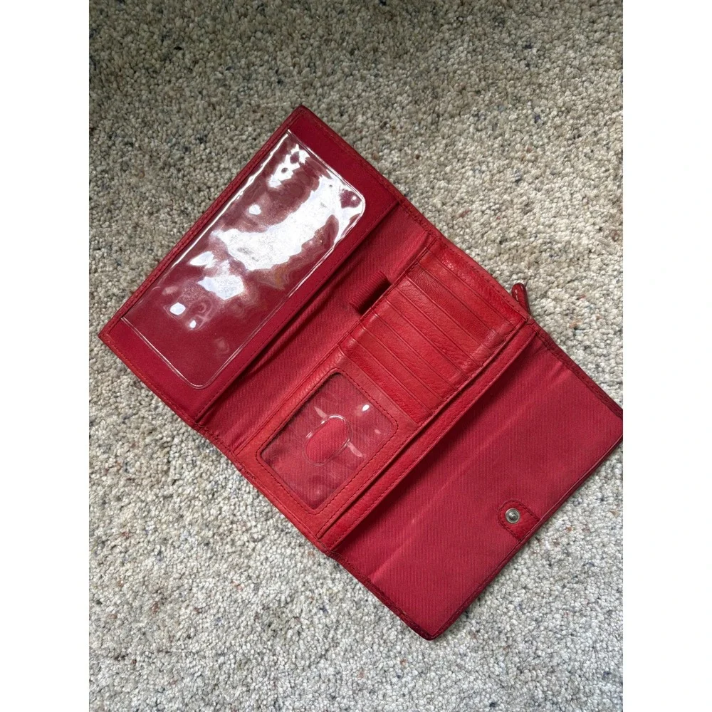 Fossil Womens Trifold Wallet Red Pebbled Genuine Leather Vintage Boho Classic